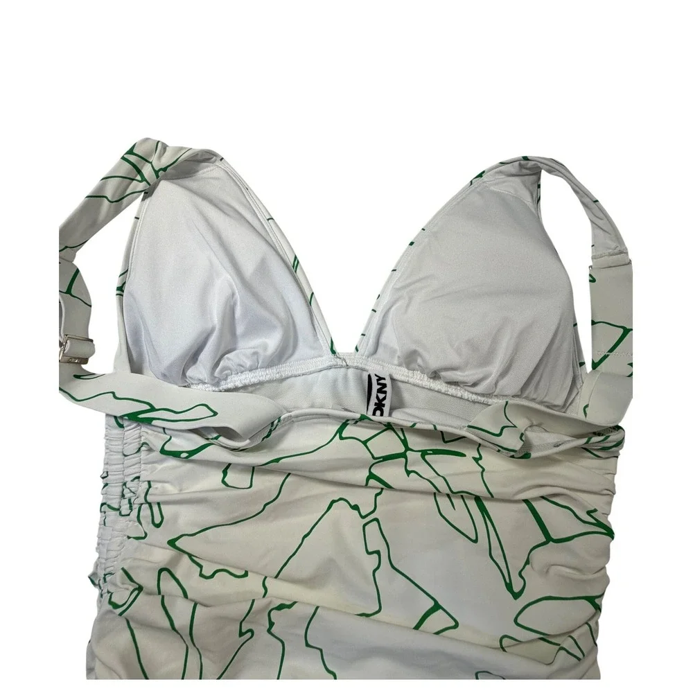 DKNY Womens Medium White Green Abstract Ruched One Piece Swimsuit V-Neck SideTie - Picture 5 of 6